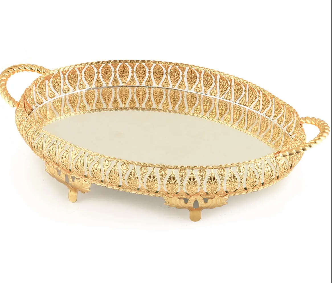 Gold Oval Mirror Vanity Serving Tray with Leaf Detail