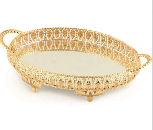 Gold Oval Mirror Vanity Serving Tray with Leaf Detail