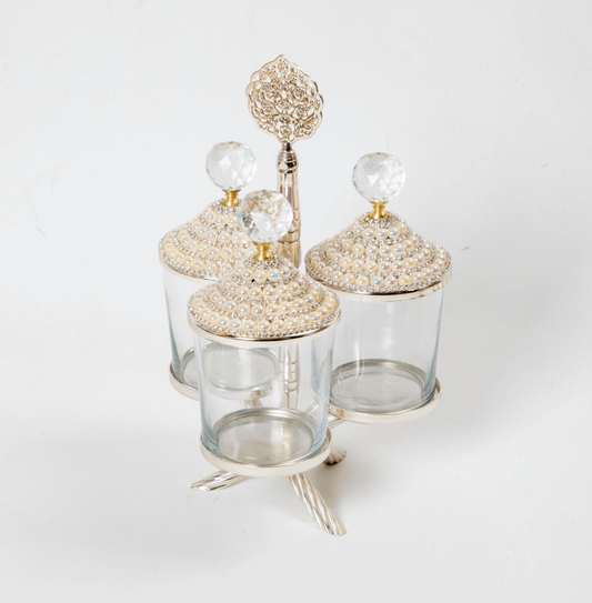 Pearl Silver Canister with Acrylic Ball Lid and Hanger Stand  (SET OF 3 )
