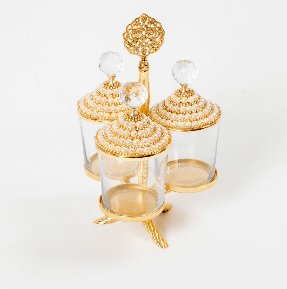 Pearl Gold Canister with Acrylic Ball Lid and Hanger Stand  (SET OF 3 )