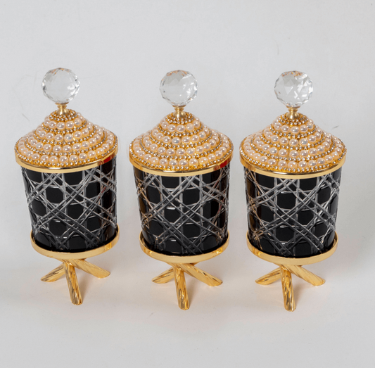Pearl Gold and Black Canister with Acrylic Ball Lid and Stand 3 PCS