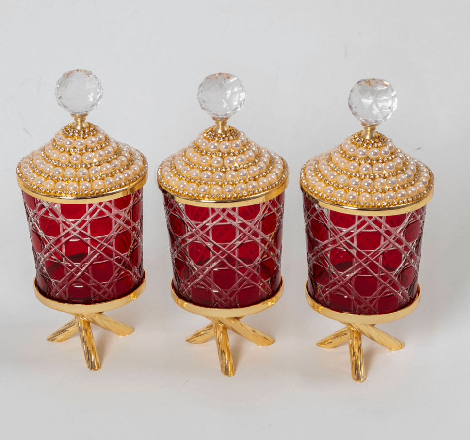 Pearl Gold and Red Canister with Acrylic Ball Lid and Stand 3 PCS
