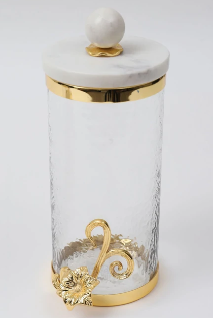 Glass Canister with Gold Floral Detail and Marble Lid (SET of 3)