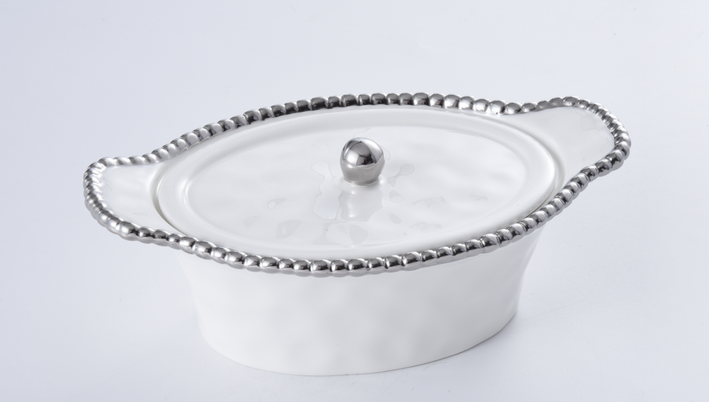 Silver Beaded Oval Covered Casserole Dish