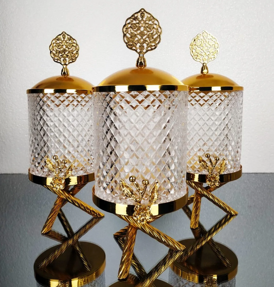 Gold Floral  Canister With Gold Metal Stand (3 Piece SET)