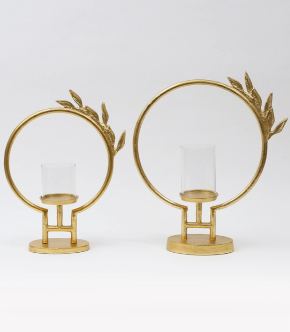 Gold Circle Hurricane Candle Holder with Leaf Design