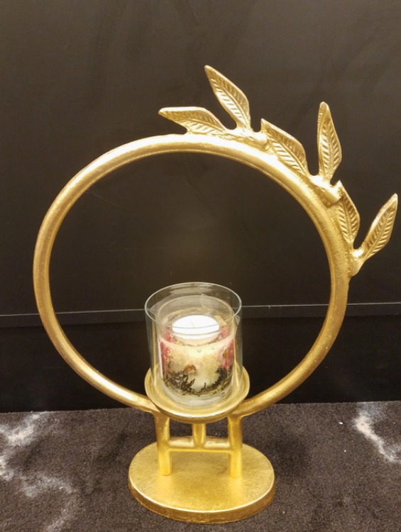 Gold Circle Hurricane Candle Holder with Leaf Design