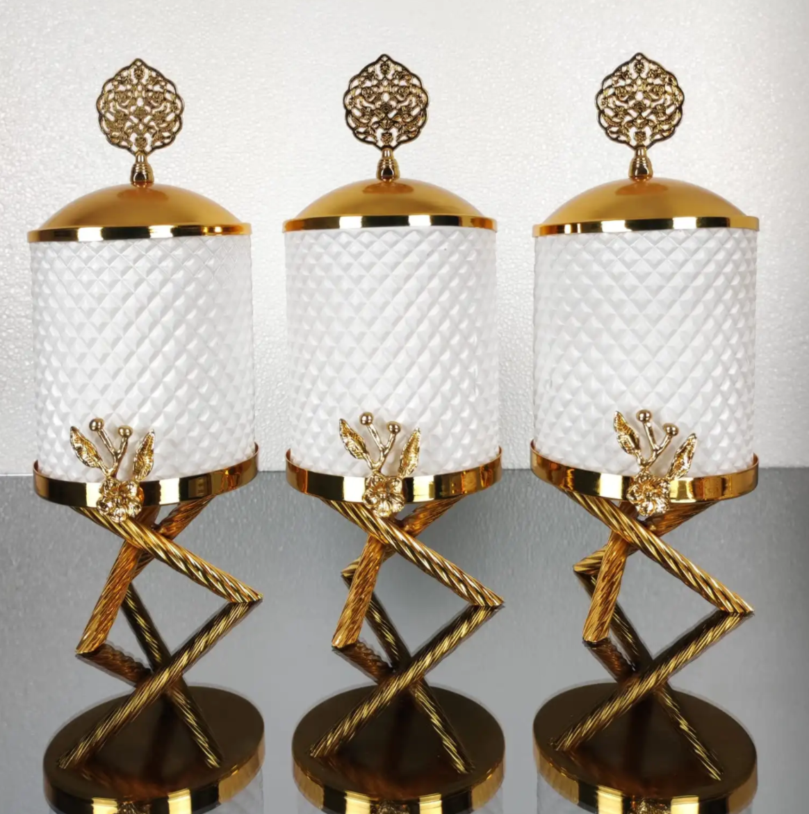 Gold and White Floral Hammered Canister Set With Stand (3 Pieces)