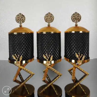 Gold and Black Floral Hammered Canister Set With Stand (3 Pieces)