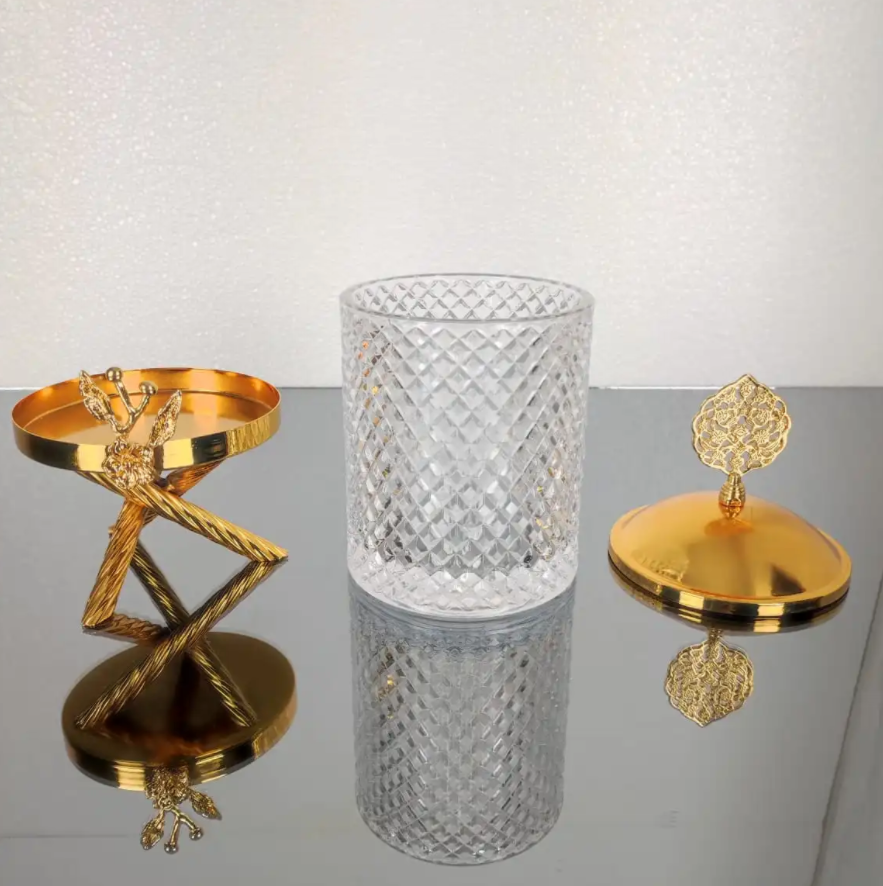 Gold Floral Hammered Canister Set With Stand (3 Pieces)