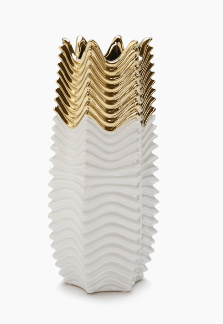 White and Gold Ribbed Dimensional Vase