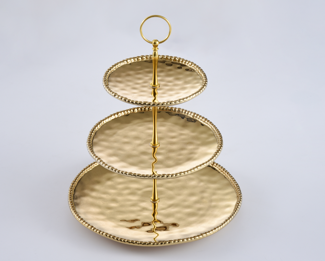 Gold hammered and Beaded 3 Tier Stand