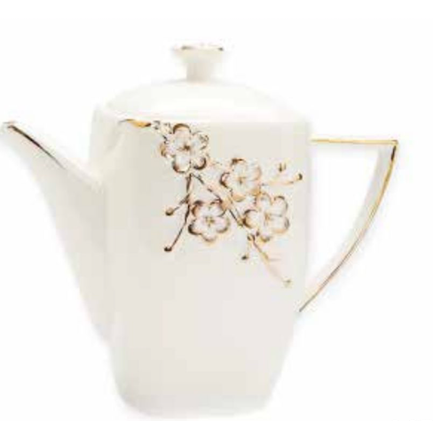 White and Gold lidded Teapot w/ Floral Details