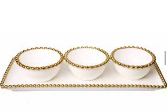 Gold Beaded Edge Serving Tray with 3 Beaded Snack Bowls