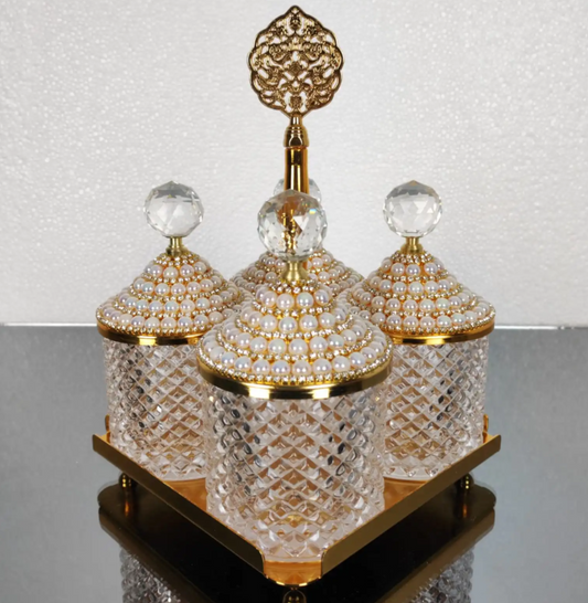 Gold Pearl 4 Pcs Spices Hammered Canister with Stand Set