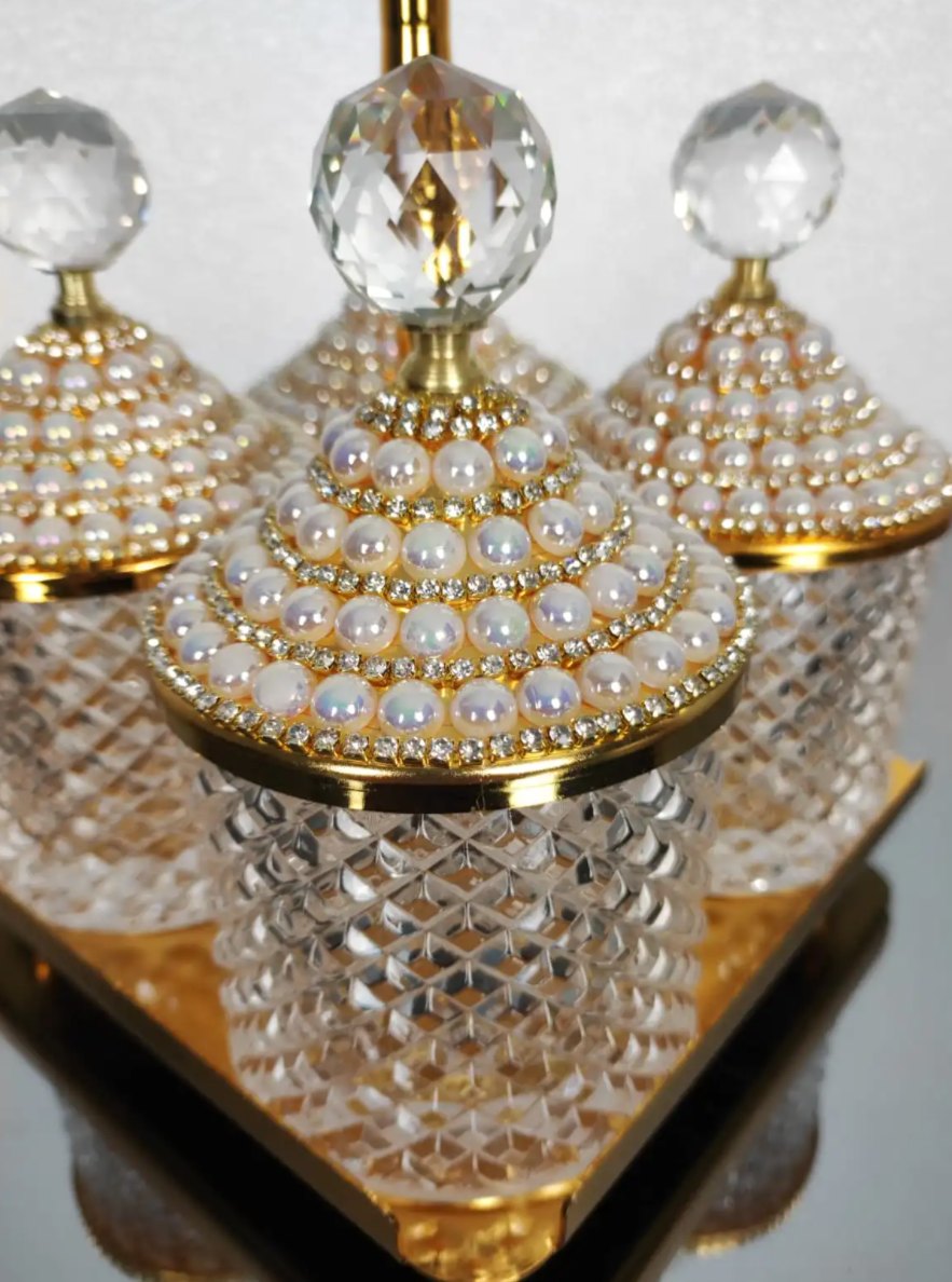 Gold Pearl 4 Pcs Spices Hammered Canister with Stand Set