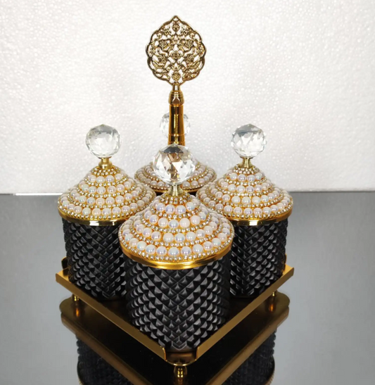 Gold and Black Pearl 4 Pcs Spices Hammered Canister with Stand Set