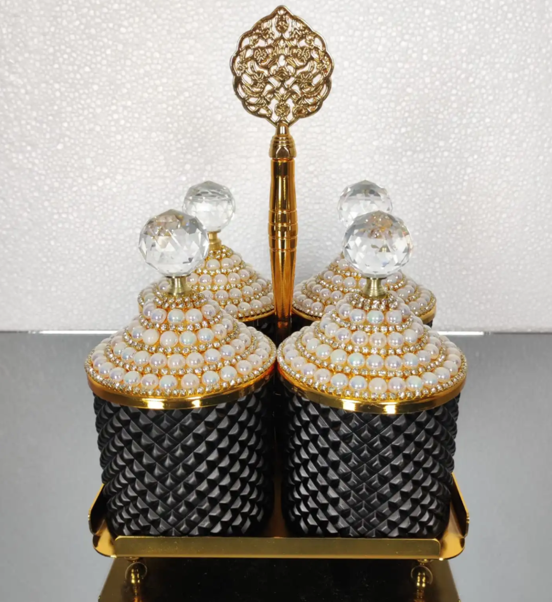 Gold and Black Pearl 4 Pcs Spices Hammered Canister with Stand Set