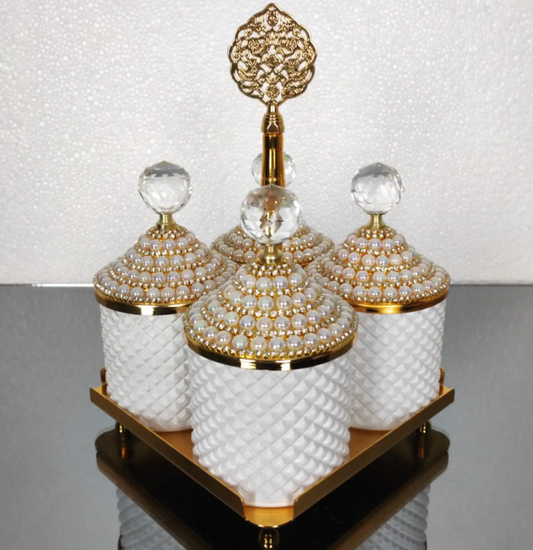 Gold and White Pearl 4 Pcs Spices Hammered Canister with Stand Set