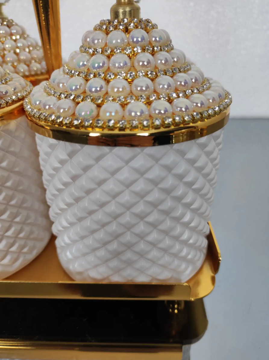 Gold and White Pearl 4 Pcs Spices Hammered Canister with Stand Set