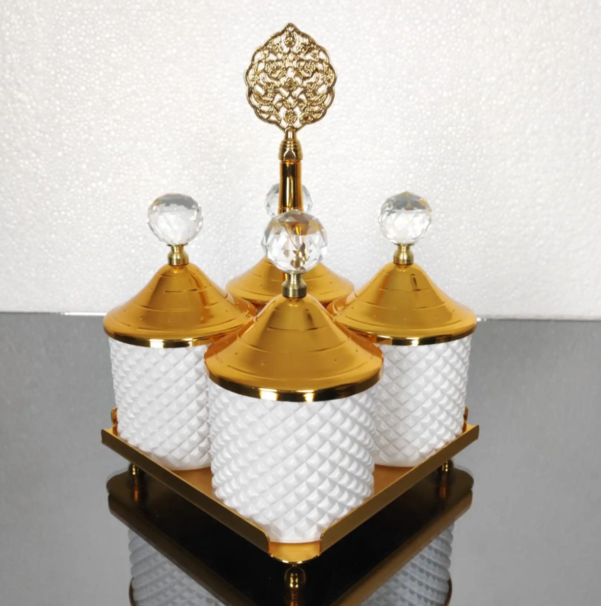 Gold and White 4 Pcs Spices Hammered Canister with Stand Set