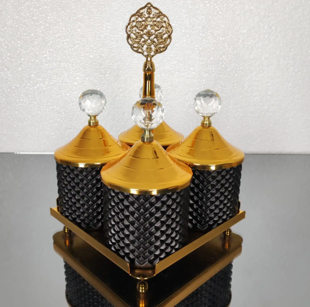 Gold  and Black Spices Hammered Canister with Stand 4 pcs Set