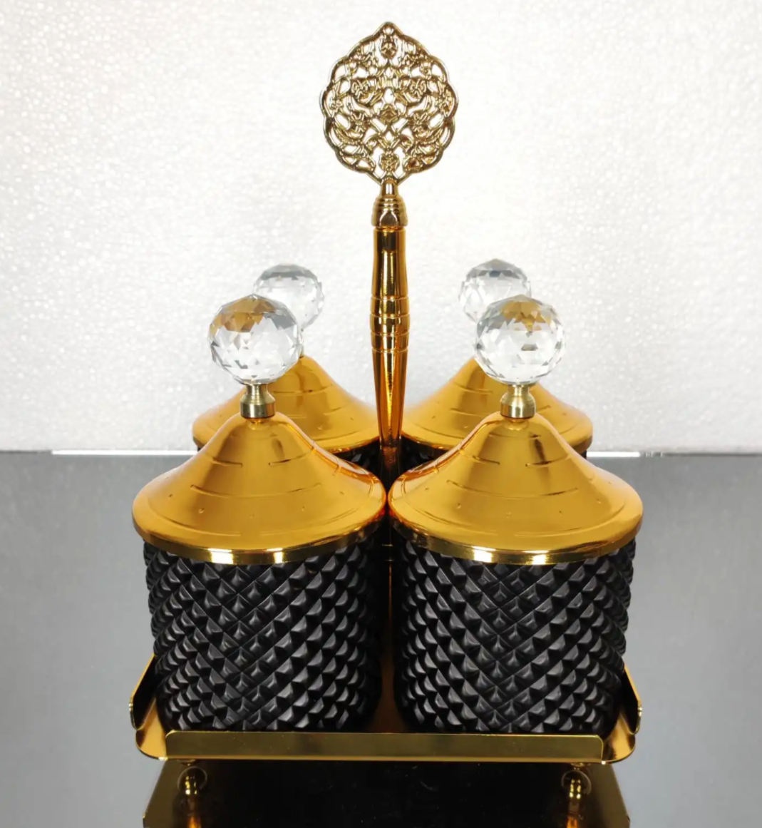 Gold  and Black Spices Hammered Canister with Stand 4 pcs Set