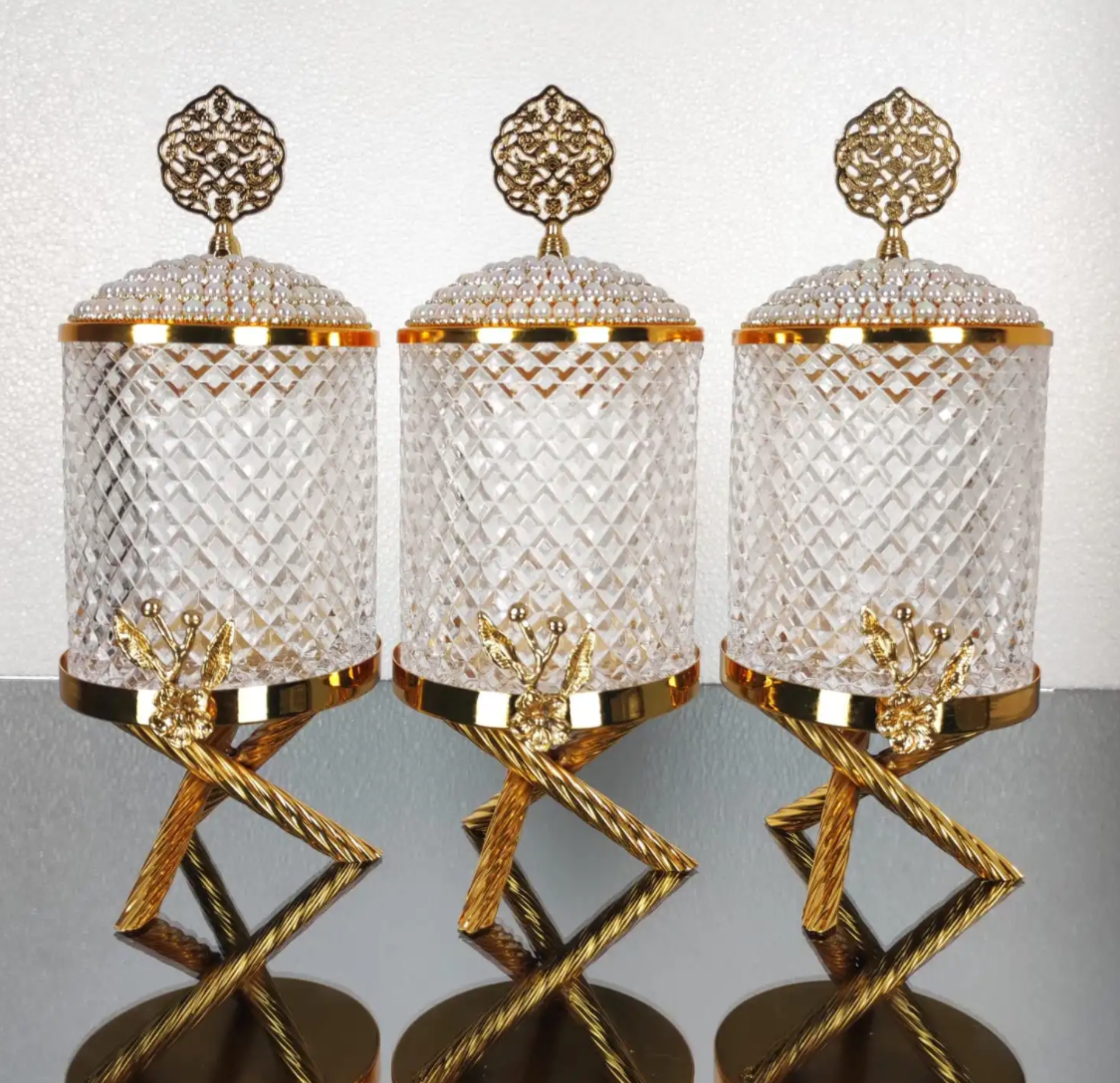 Gold Pearl Canister With Gold Metal Stand (3 Piece SET)