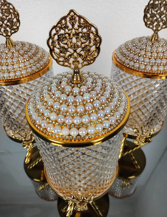 Gold Pearl Canister With Gold Metal Stand (3 Piece SET)