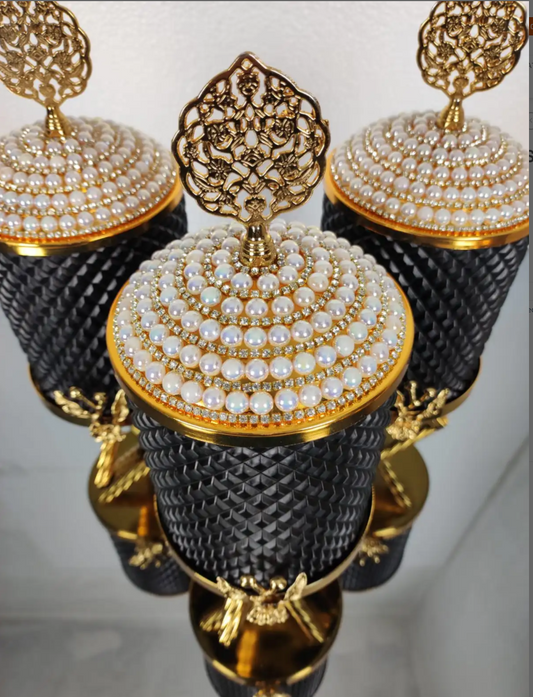 Gold and Black Pearl Hammered Canister Set With Stand (3 Pieces)