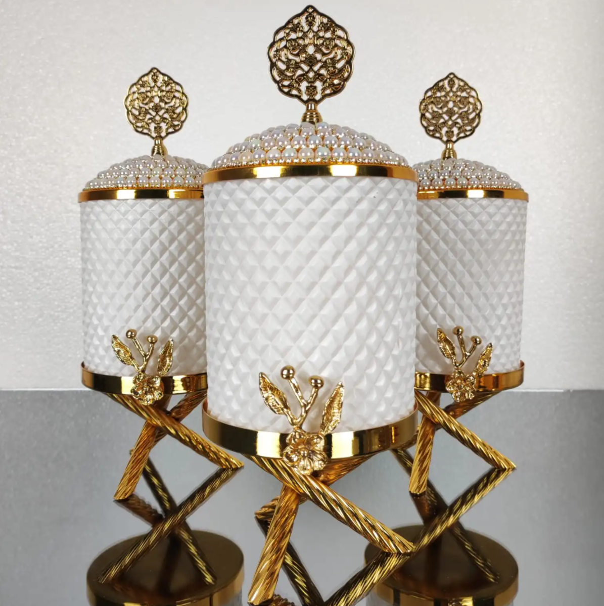 Gold and White Pearl Hammered Canister Set With Stand (3 Pieces)