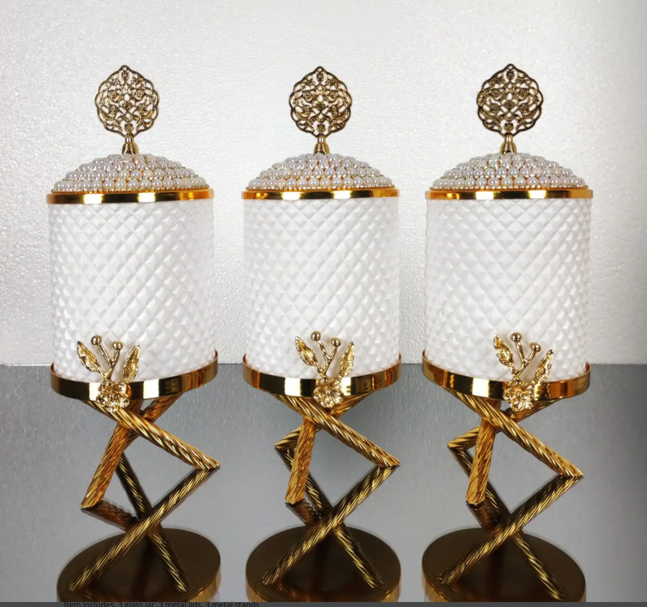 Gold and White Pearl Hammered Canister Set With Stand (3 Pieces)