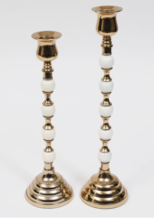 Gold and White Beaded Stem Candle Holder ( 2 Sizes)