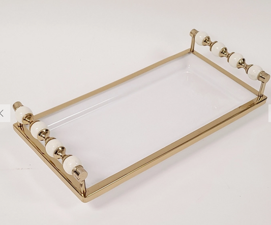 Gold and White RectangularTray with Beaded Handles