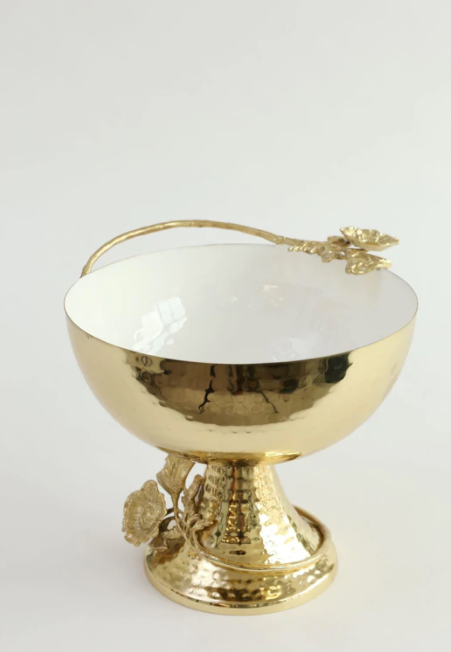 Gold and White Enamel Footed Bowl with Floral Details