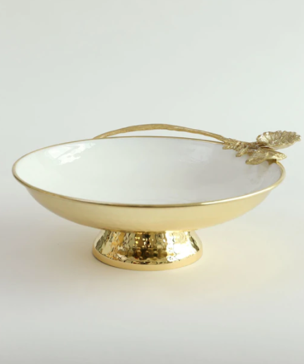 Gold and White Enamel Pedestal Bowl with Floral Details