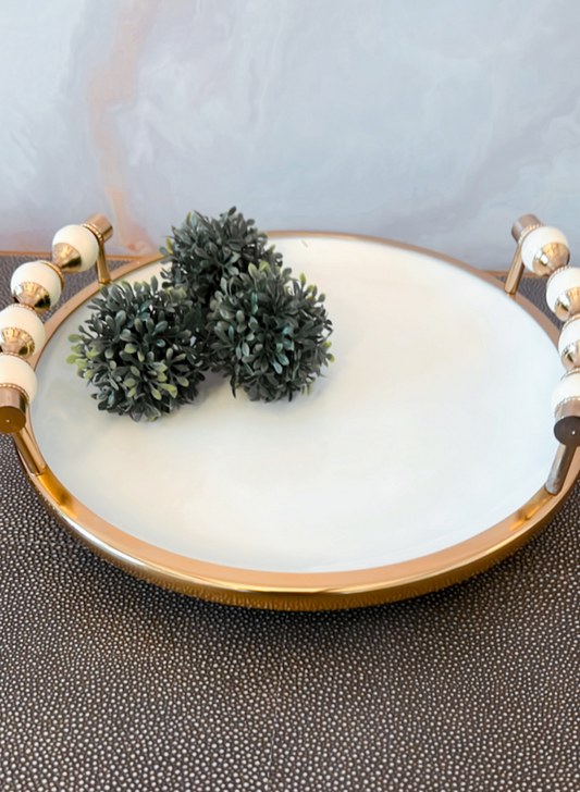 Gold and White Round Bowl with Beaded Handles