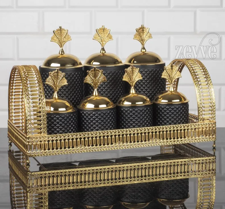 Gold and Black Hammered Jars with Stand 7 PCS