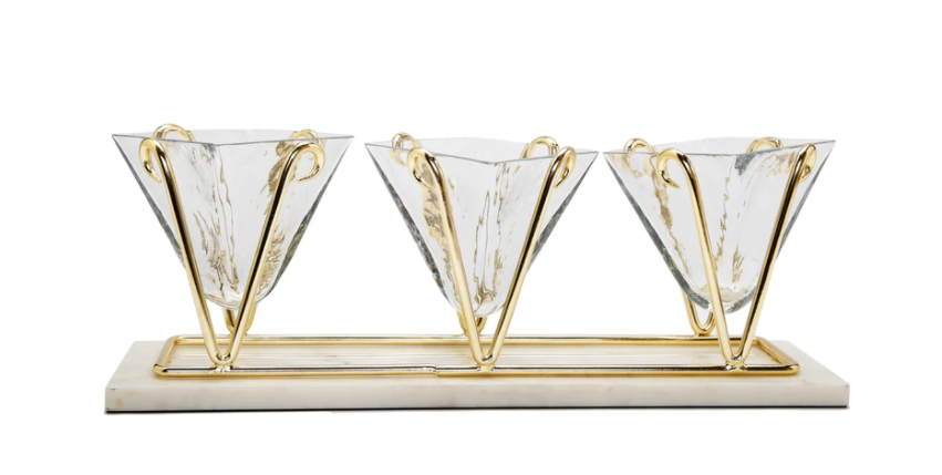 Gold 3-Sec Glass Relish Dish on Marble Stand
