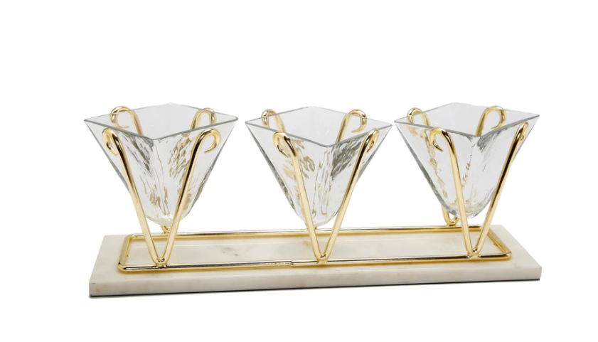 Gold 3-Sec Glass Relish Dish on Marble Stand