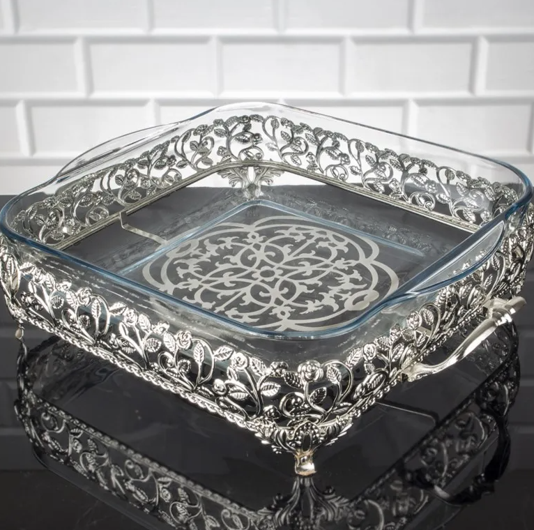 Square Glass Serveware with Metal Base and Handles (2 Colors)