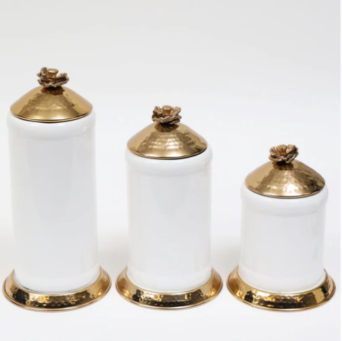White Ceramic Jars with Gold Flower Lid (3 Sizes)
