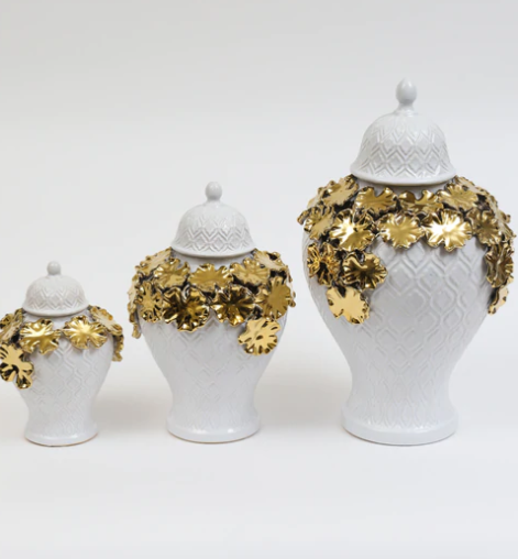 White Textured Ginger Jar with Gold Floral Design (3 Sizes)