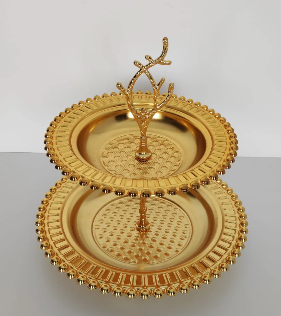 Gold 2-Tier Beaded Serving Branch Stand