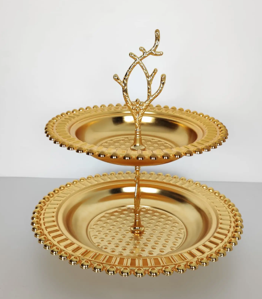 Gold 2-Tier Beaded Serving Branch Stand
