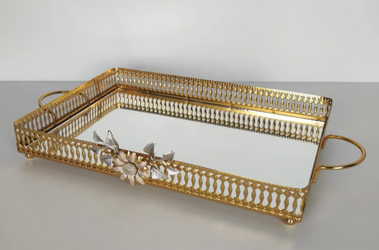 Gold Floral Mirror Tray with Handles (3 Sizes)