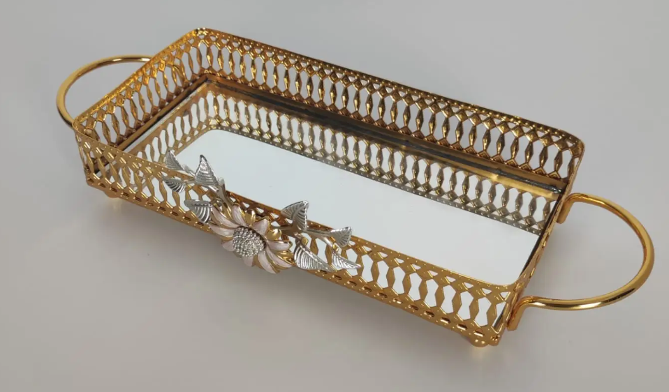 Gold Floral Mirror Tray with Handles (3 Sizes)