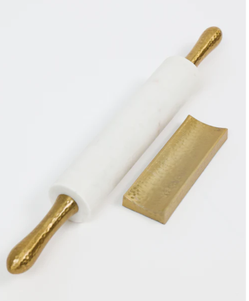 Marble Rolling Pin with Gold Hammered Handles