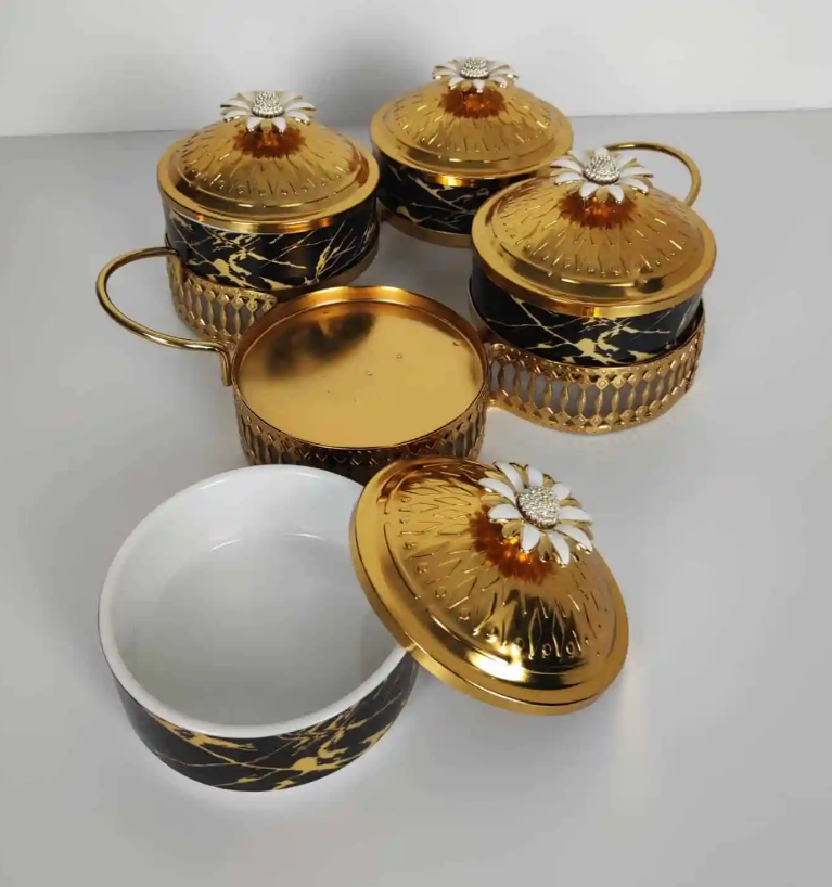 Black Marbleized Snack/Spice Tray With 4 Bowls and Lids
