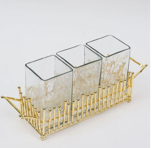 Gold & Glass Utensil Holder with Gold Linear Details